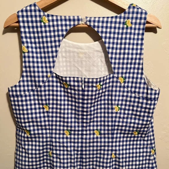 Talbots Lemons & Gingham Shift Dress Blue &White Cotton Embroidered Keyhole Back - Picture 9 of 16